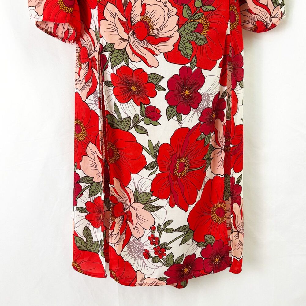 Go Coco Large-Scale Floral Print Maxi Dress (1X) Red Pink Green White Leg Slits - Picture 6 of 14